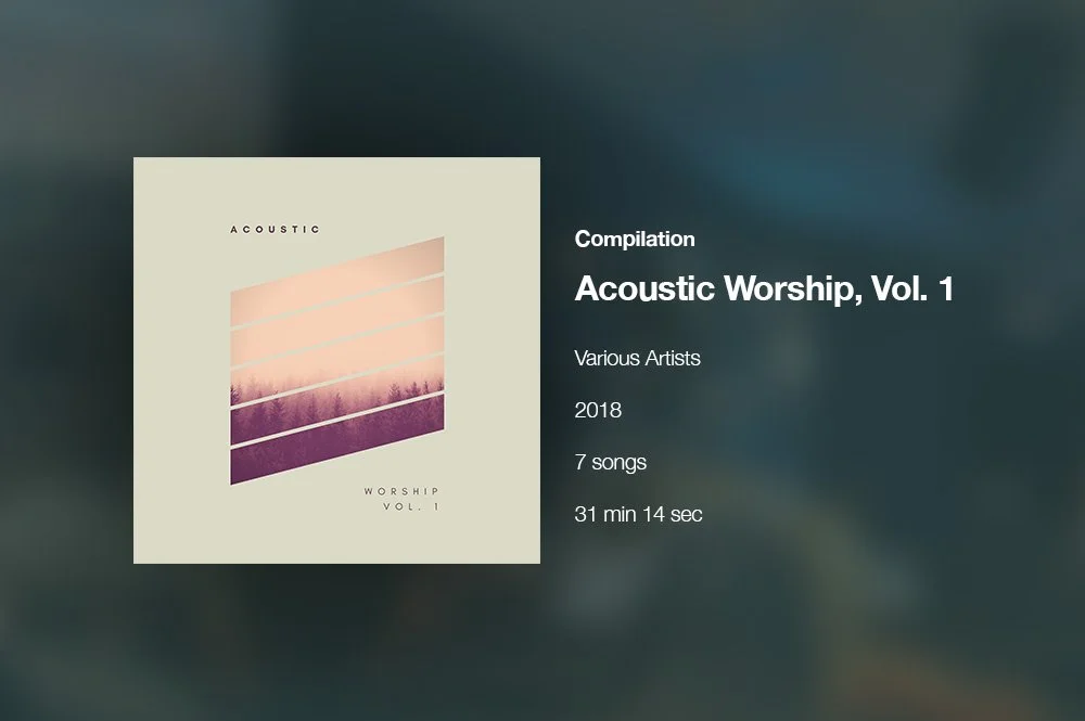 Album cover art for 'Acoustic Worship, Vol. 1,' a compilation of 7 songs by various artists, released in 2018, with a soft, abstract artwork of pastel-colored layered landscapes.