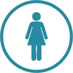 Female restroom sign with a female figure inside a blue circle.