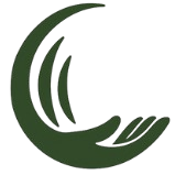 Abstract green logo with curved lines resembling a hand or a leaf.