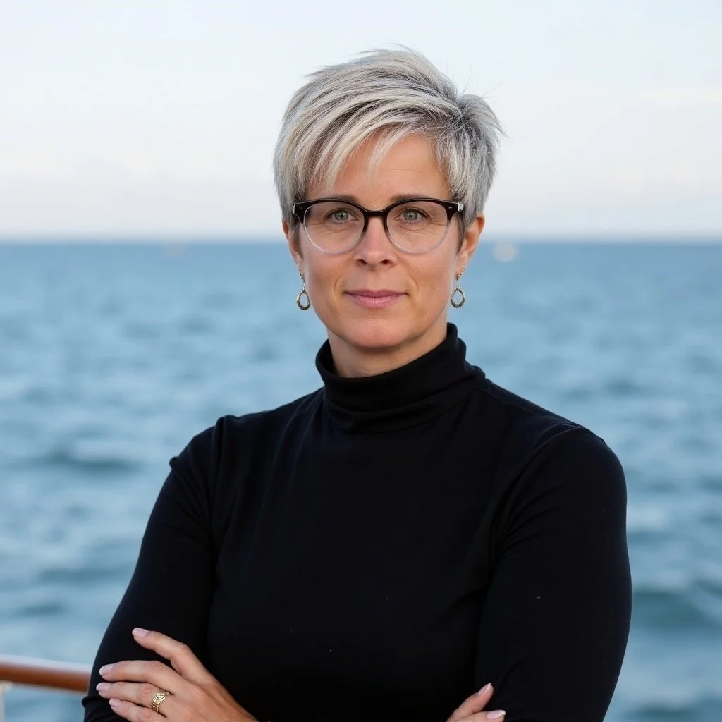 A woman with short gray hair, glasses, and hoop earrings, wearing a black turtleneck, standing in front of a body of water with a slight smile.