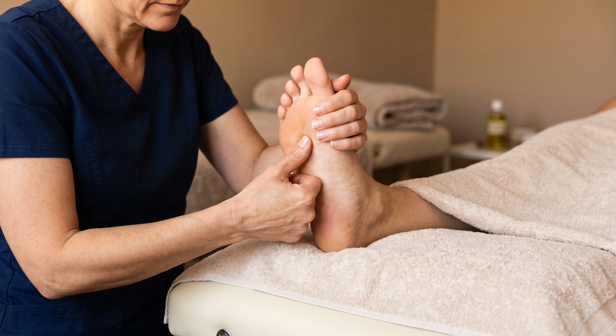 Reflexologist applying pressure to the sole of the foot