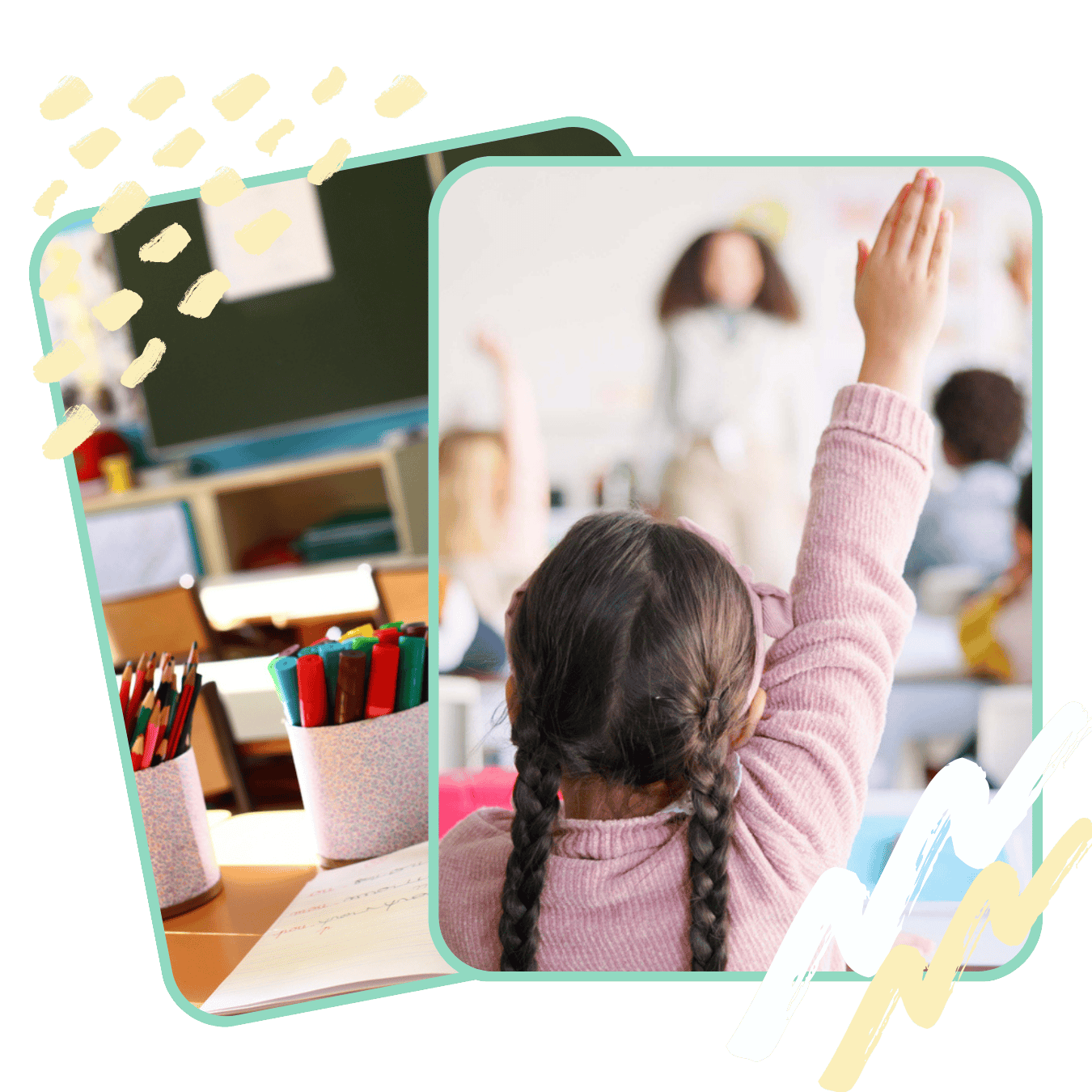 An AAC user is raising her hand to ask a question in her school classroom