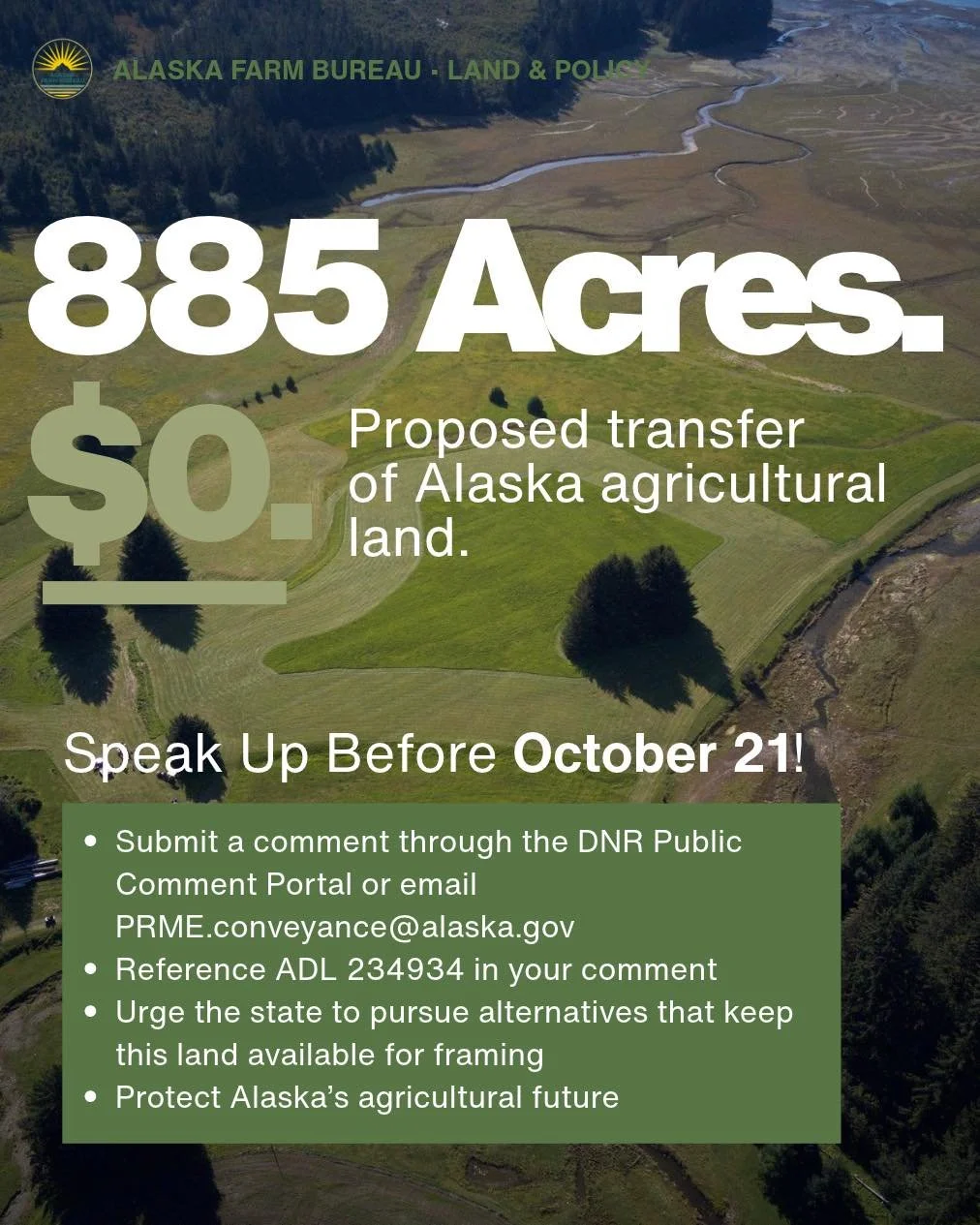 885 acres of Alaska agricultural land. Proposed for transfer to AIDEA for $0. What happens next is up to the public.

The Alaska Department of Natural Resources (DNR) has issued a Preliminary Decision to convey 885 acres of state land in Point MacKen