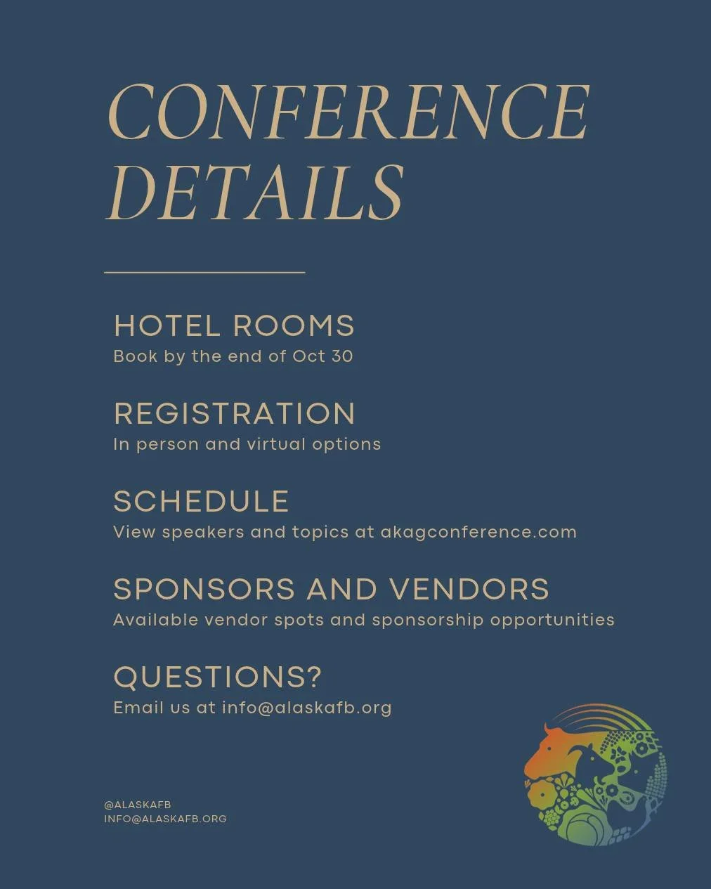 The 2026 Alaska Agriculture Conference is in less than 2 weeks! If you're planning to attend, now is the time to get the details in order.

A few things to keep in mind:
- Hotel rooms: Book by the end of today, October 30, to secure the conference gr