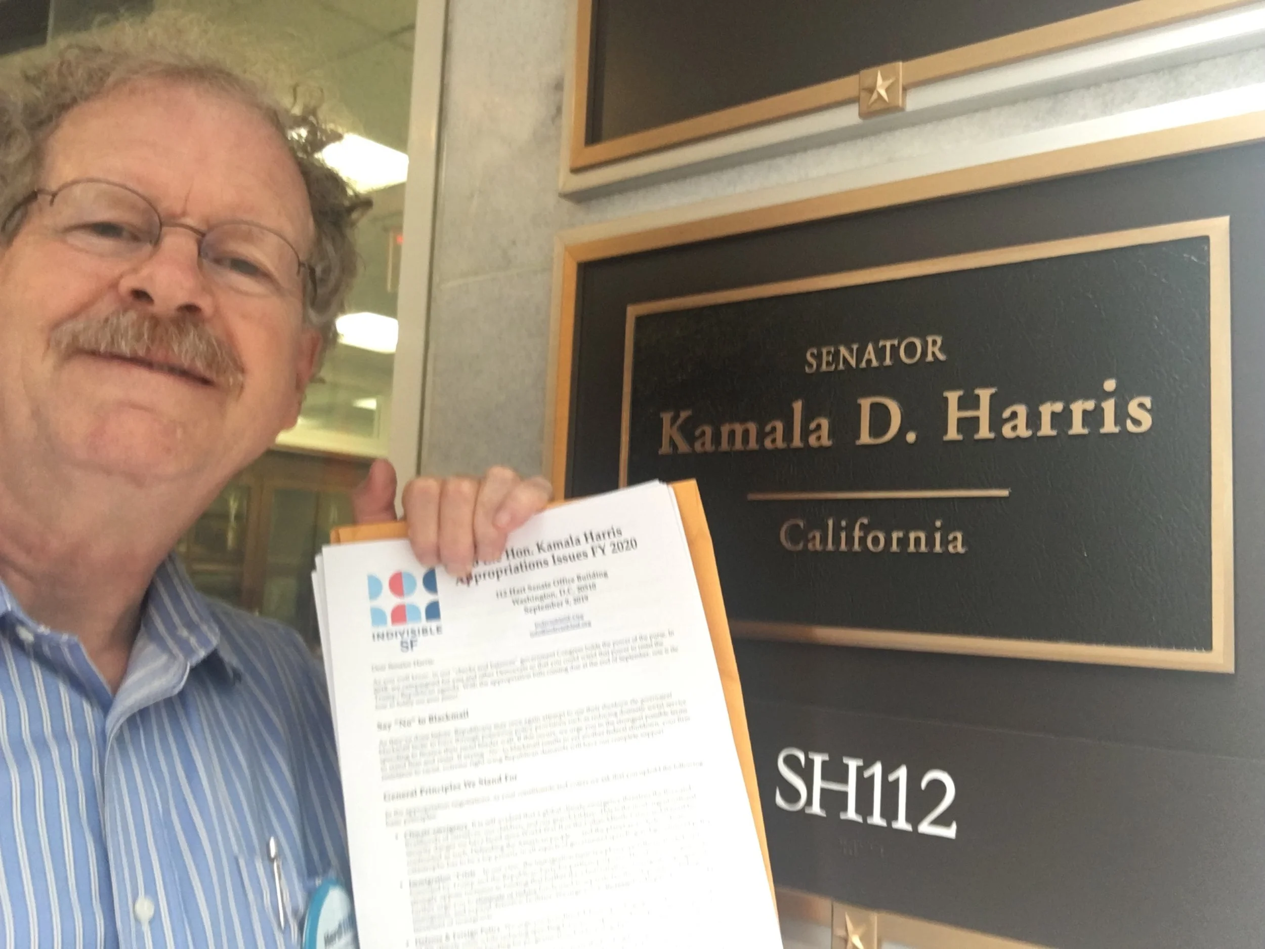 Kevin of Herd on the Hill hand-delivers our letter to Senator Harris. He also delivered our letters to Speaker Pelosi, Rep. Speier, and Sen. Feinstein.