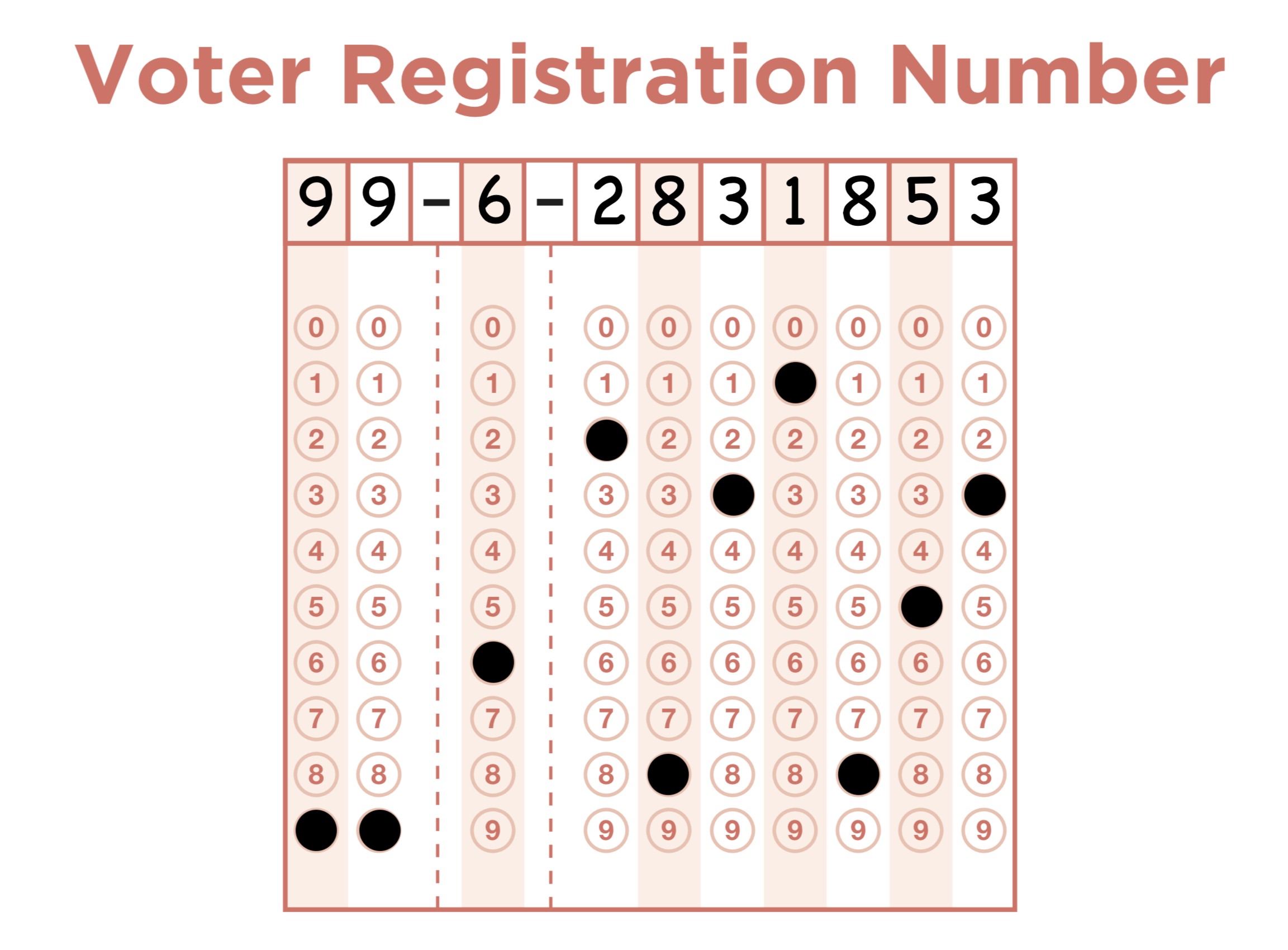 Remember, this voter ID number is just an example—it’s not a real voter ID number. You’ll need to fill in the fields and bubbles for your voter ID number, from the email you received after registering.