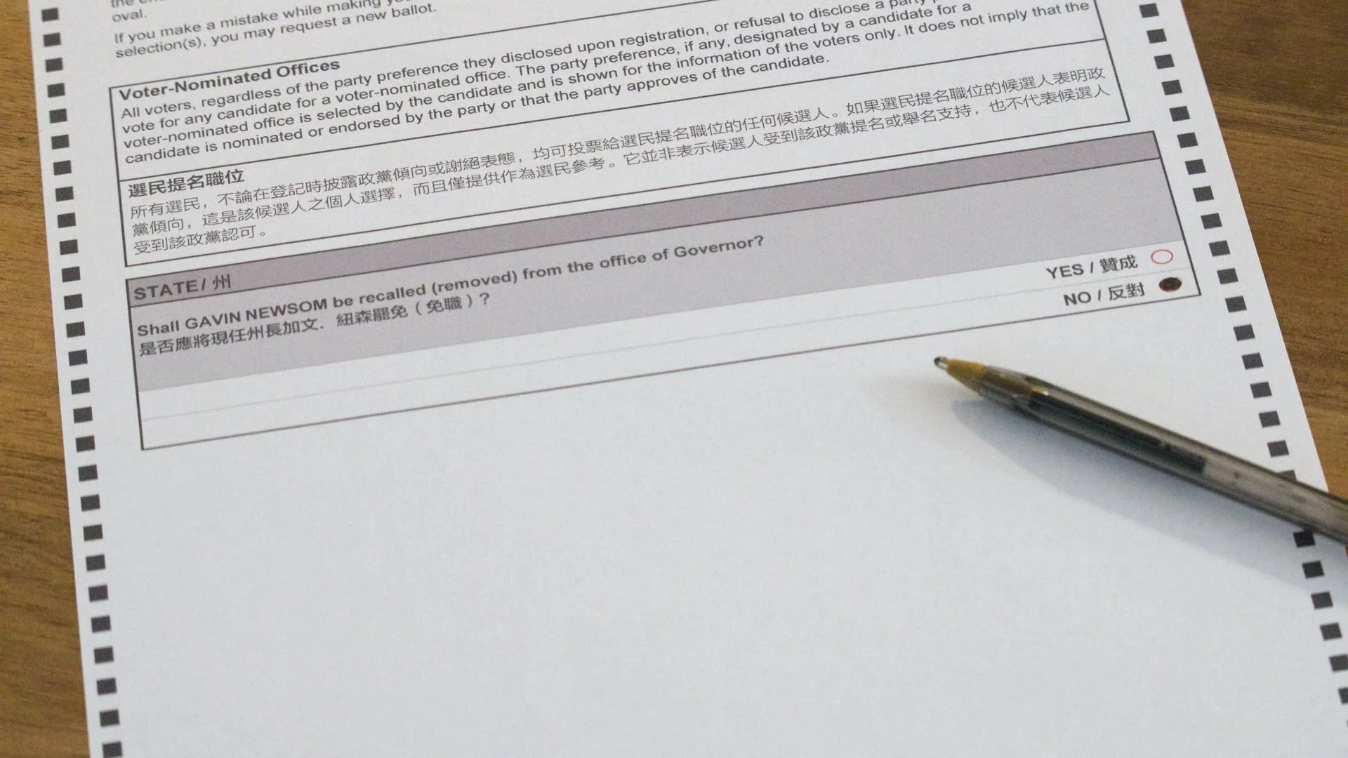 The recall question, with the “No” bubble filled in. The replacement candidates are on the other side (you would flip your ballot over).