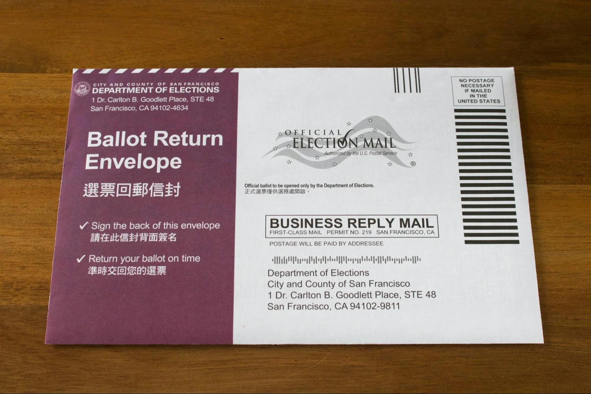 A photo of the front of the official return envelope for your ballot.