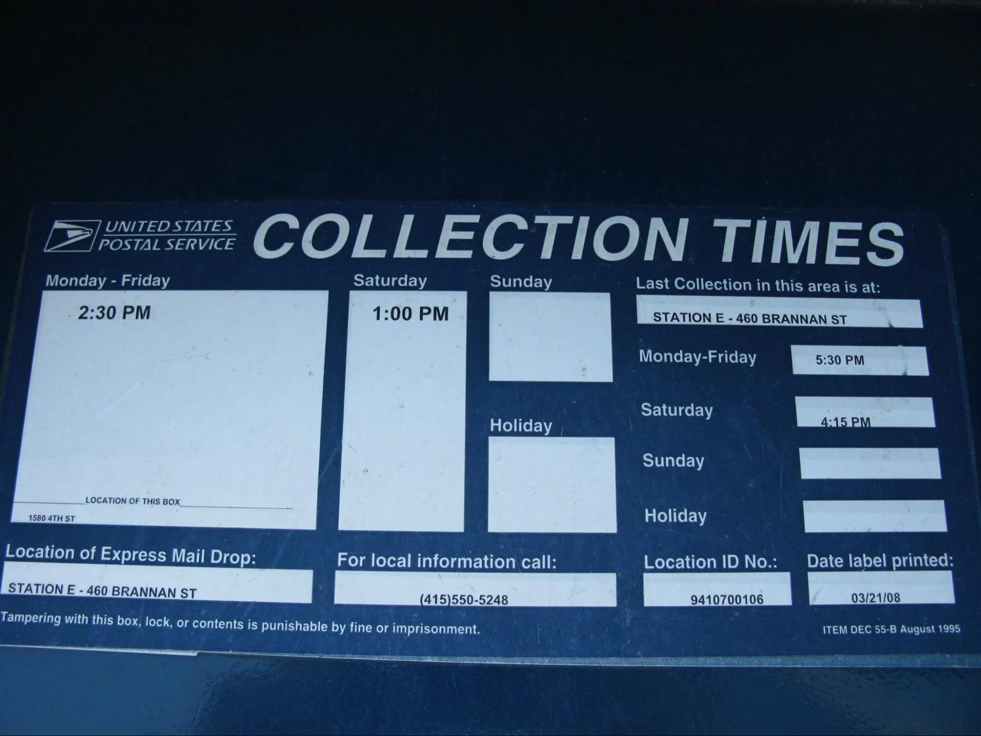 A photo of a USPS mailbox showing its collection times.  Image credit: Frank Farm, used under CC-BY-NC-ND 2.0 license. Source.