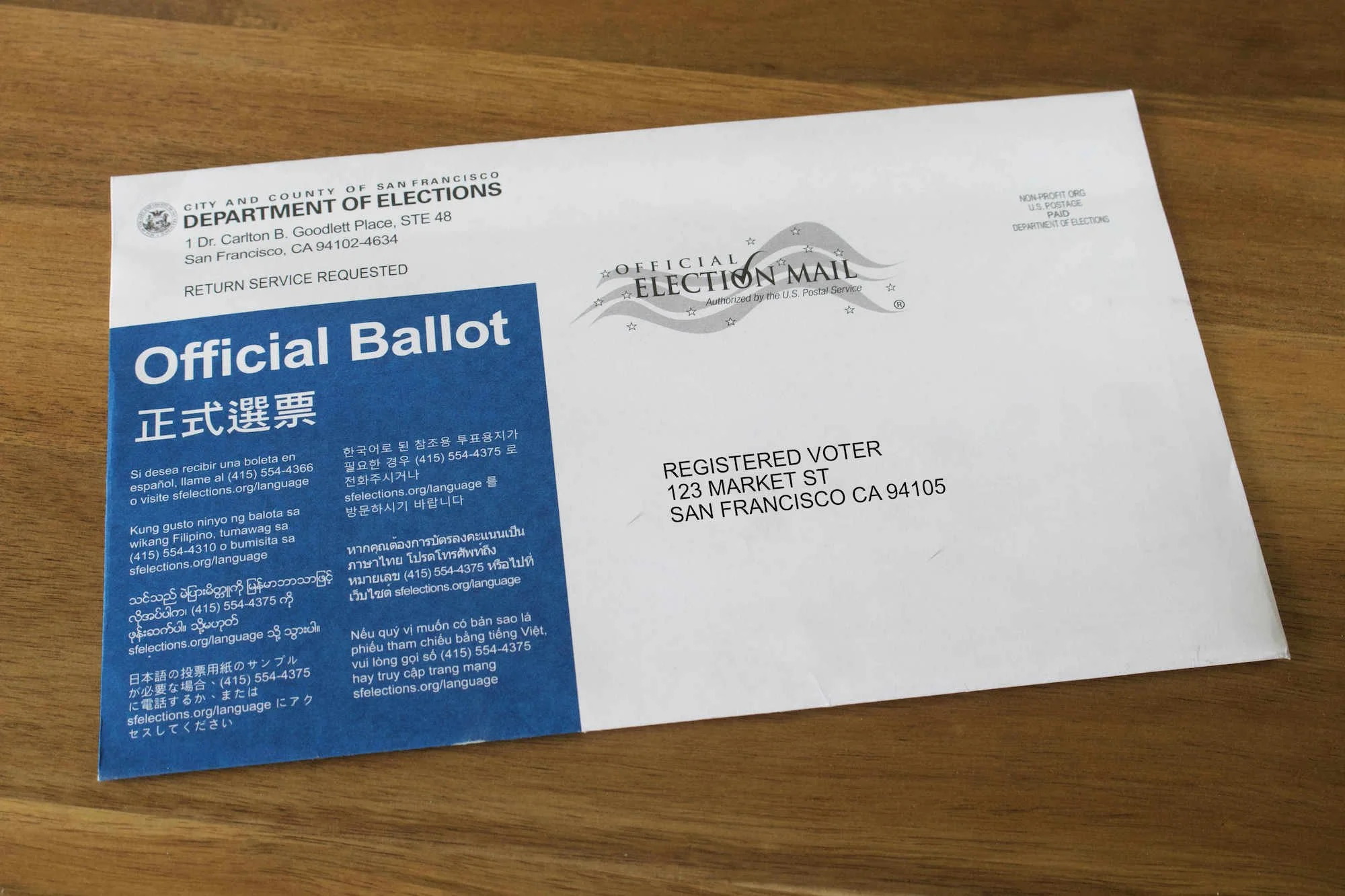 Photo of the envelope your ballot should have arrived in.