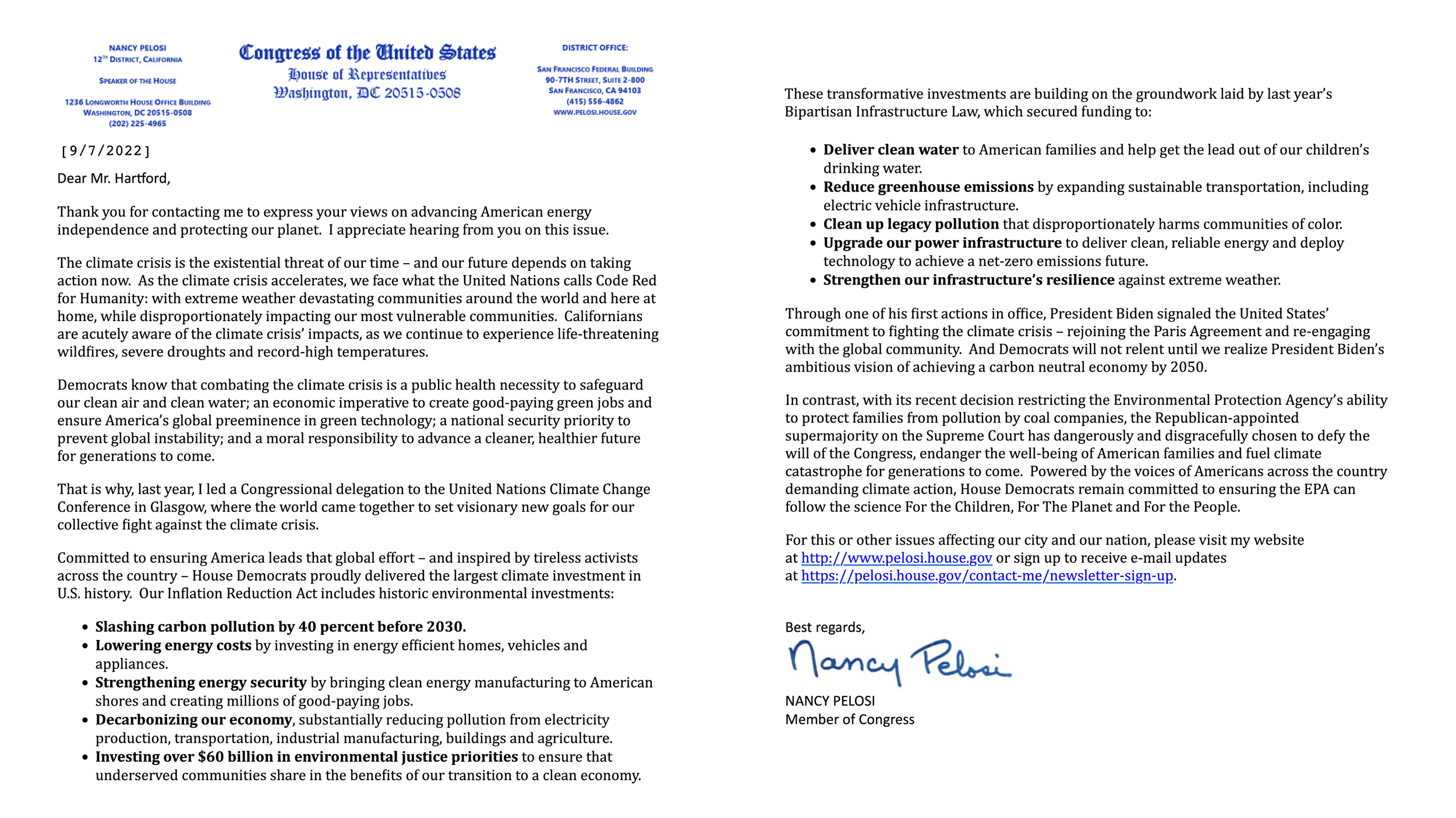 Speaker Pelosi's Response to our Climate Call to Action