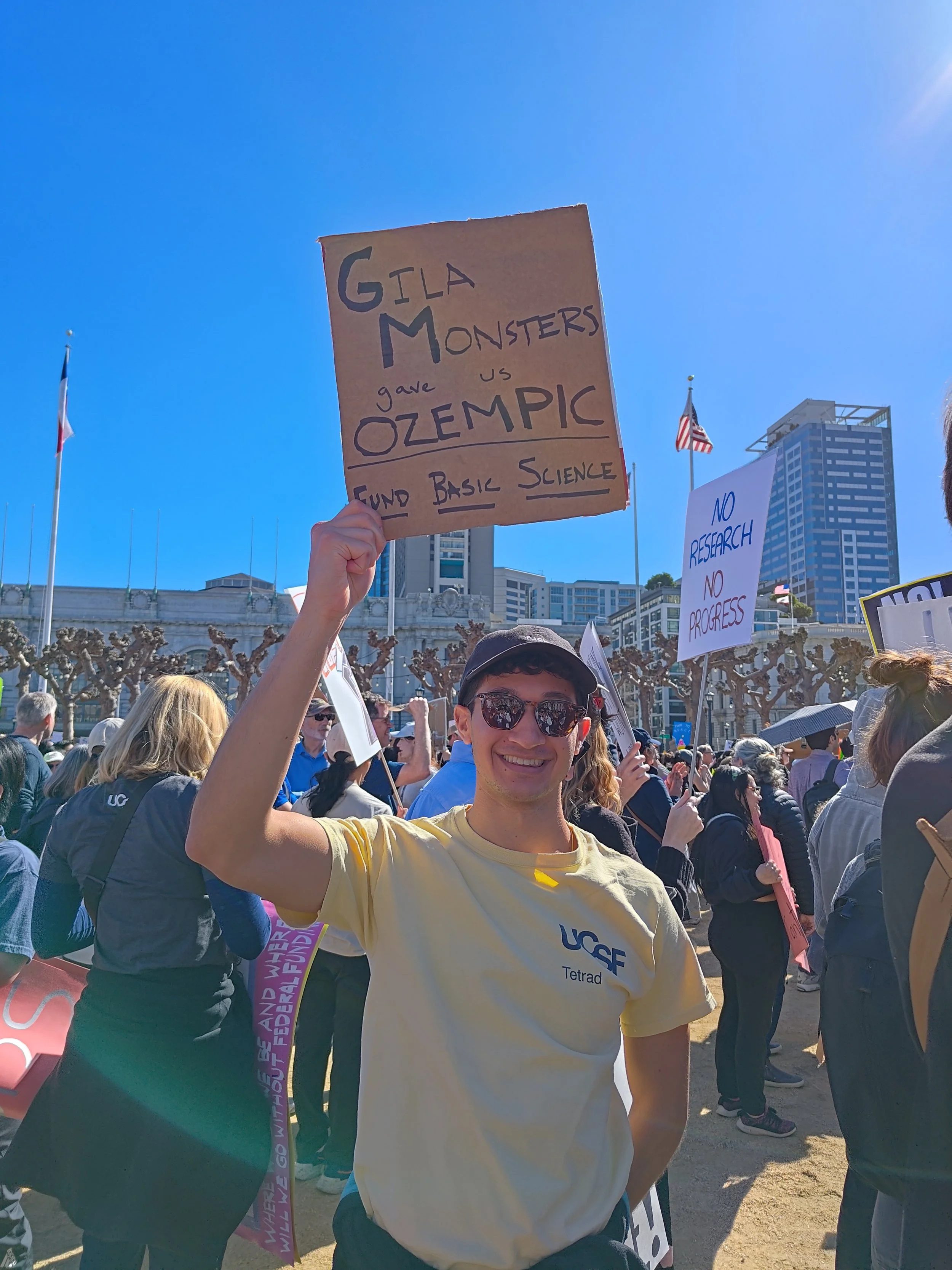 Protester with sign: “Gila monsters gave us Ozempic. Fund basic science!”