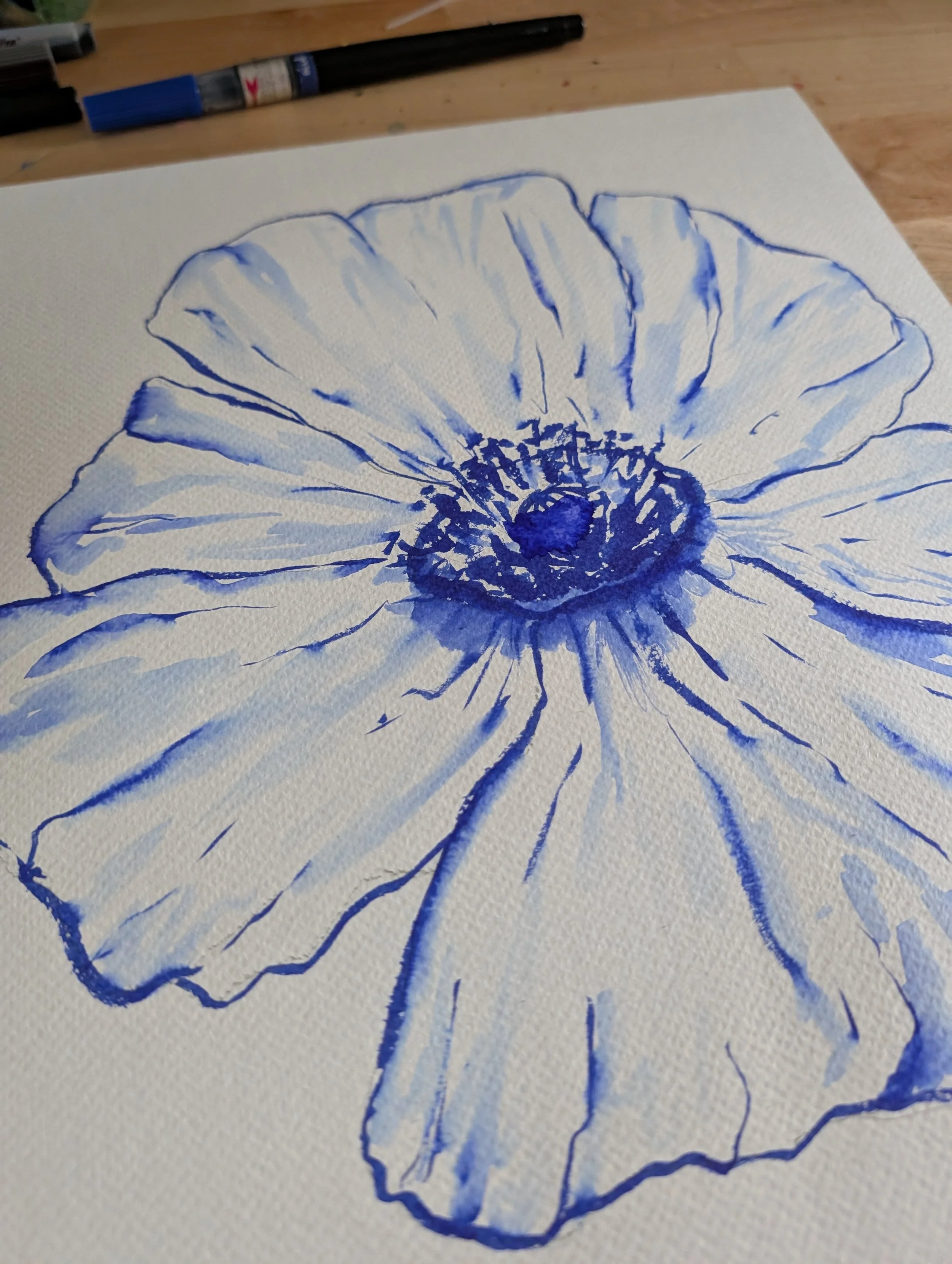 close up blue ink brush pen line drawing poppy art flowers floral drawing painting colorado artist.jpg