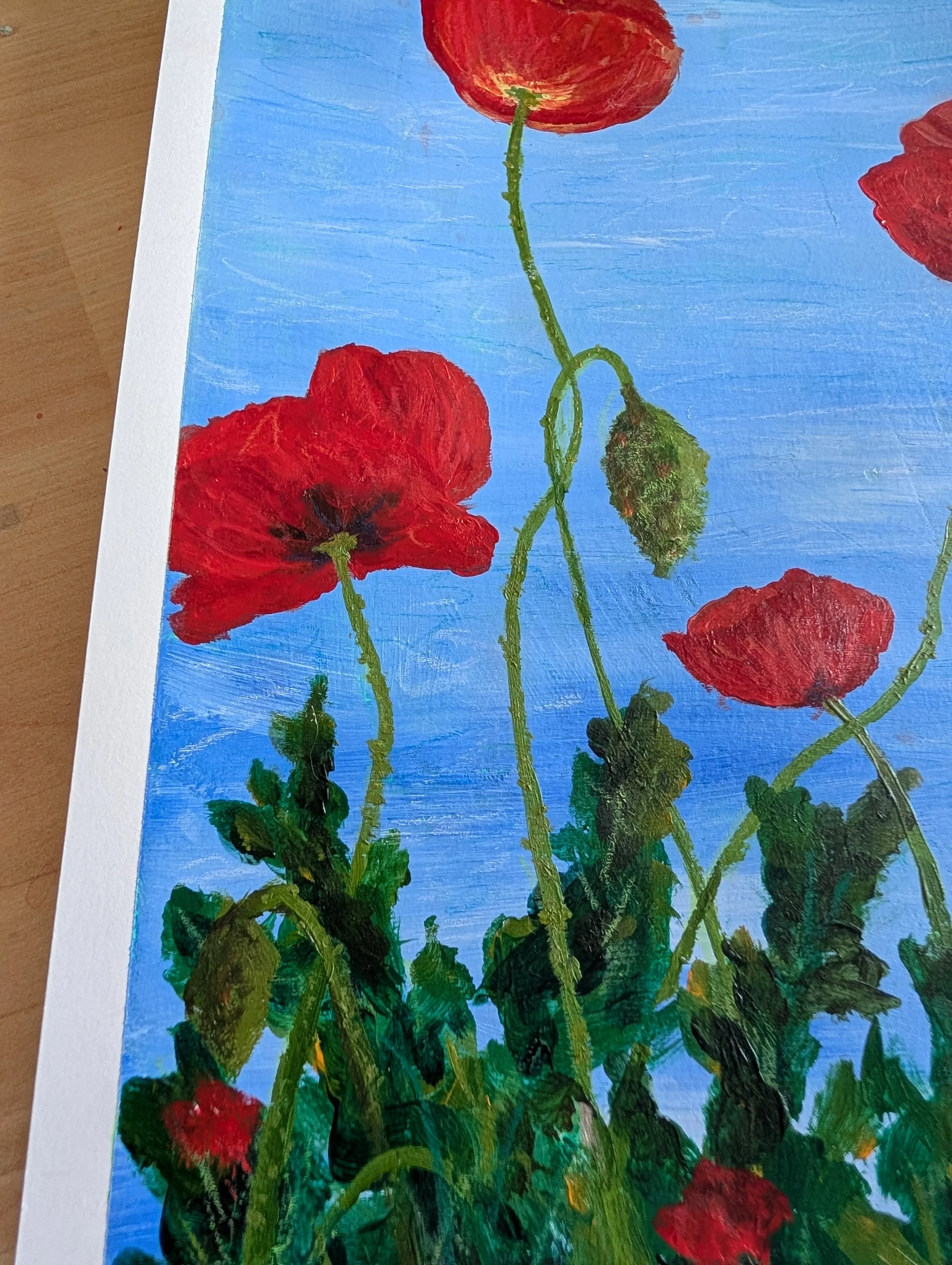 close up acrylic painting poppy flower art painting colorado nature art garden art painting blue skies.jpg