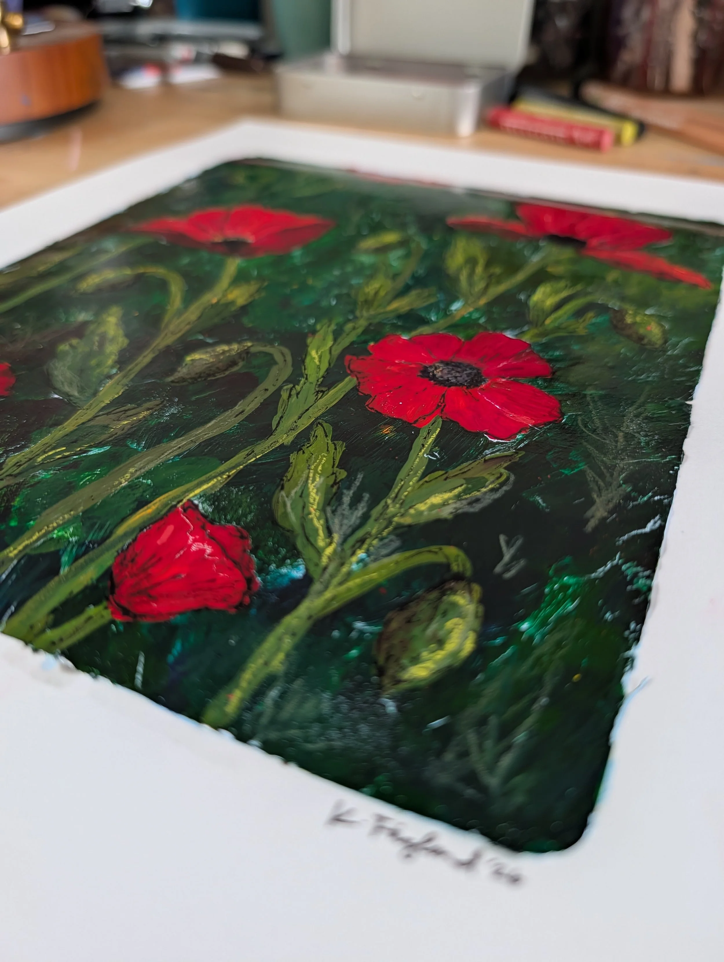 mixed media poppy art flower floral gelli original print nature art floral art printmaking red and green poppies.jpg