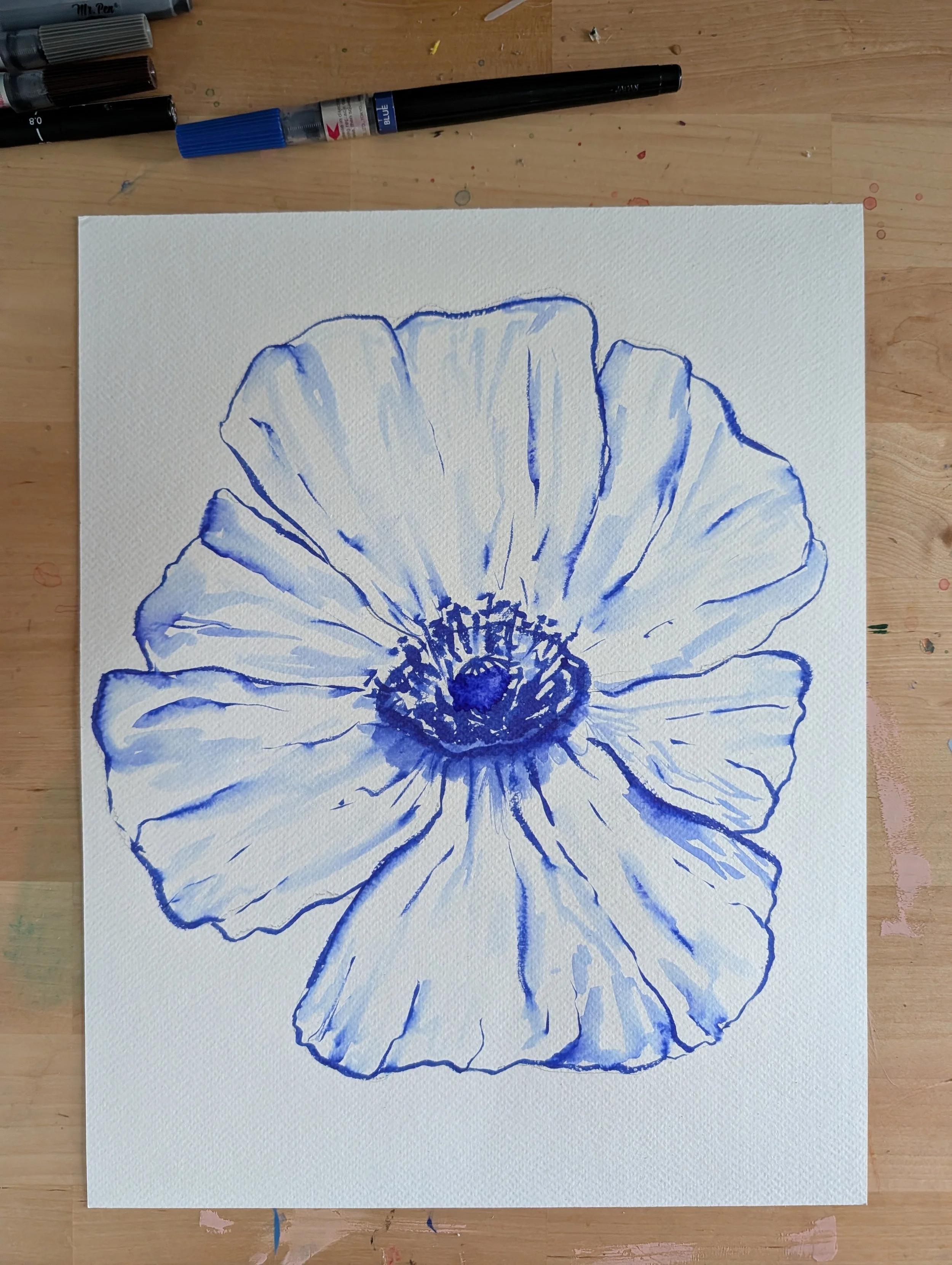 large poppy blue brush pen ink line drawing watercolor nature art painting contrast colorado artist.jpg