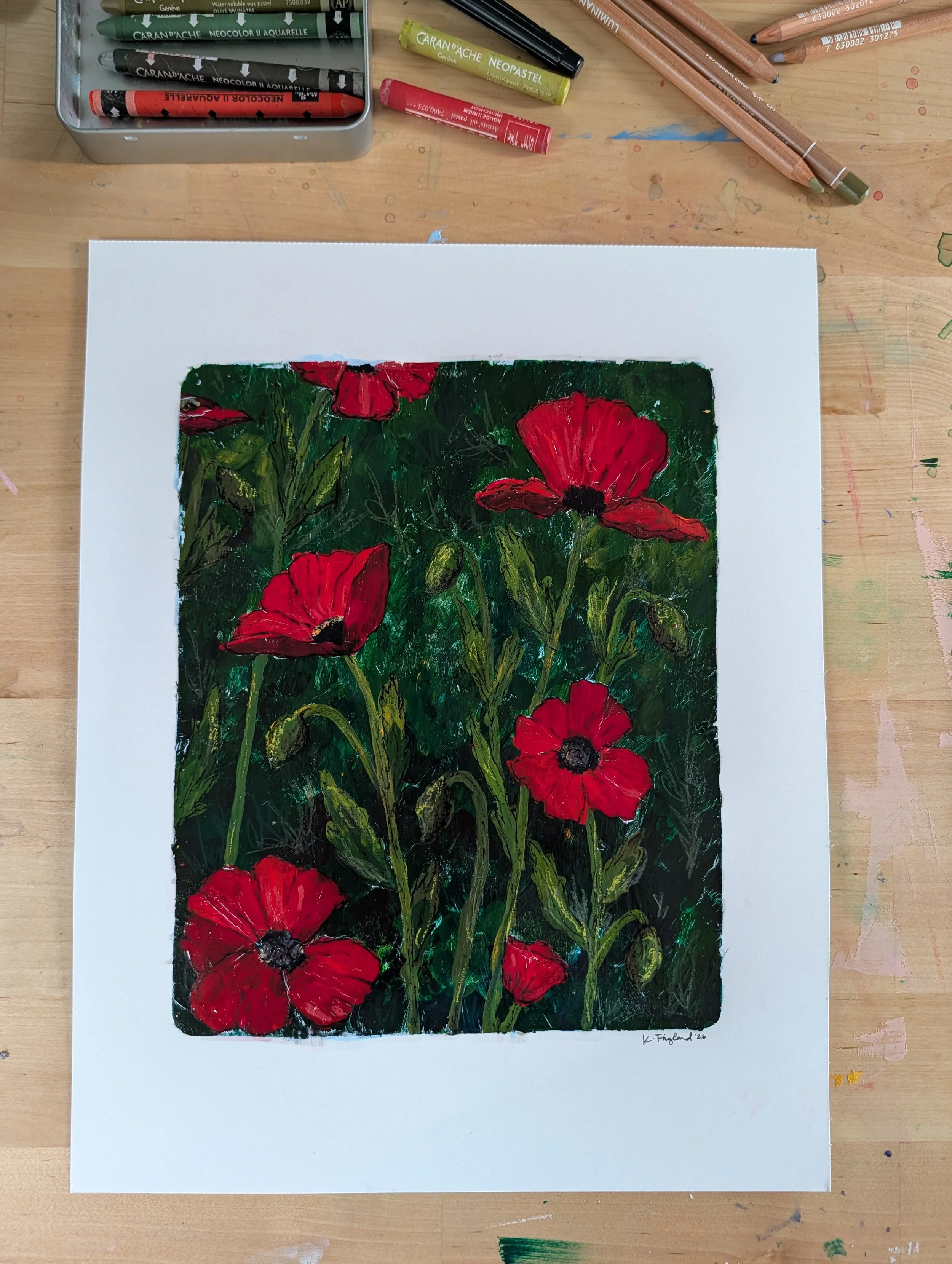 gelli original print poppy flowers garden painting acrylic paint layers ink pen line drawing painting nature art floral.jpg