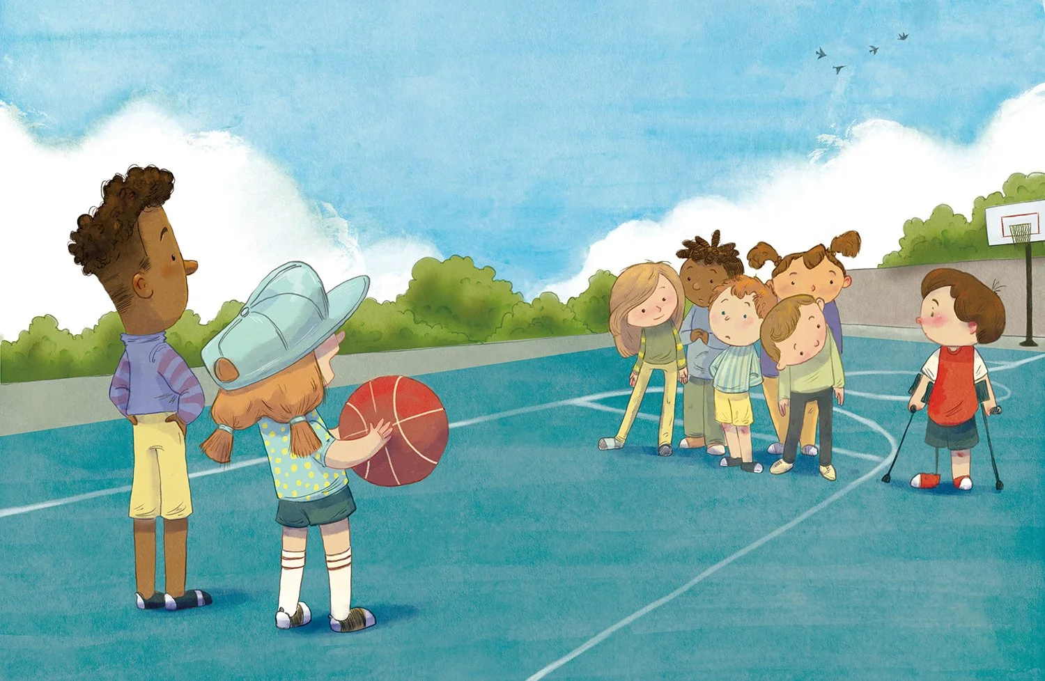 Children standing on a basketball court, some with crutches, smiling and looking at each other, with a boy holding a basketball and a girl wearing a hat, in an outdoor setting with greenery and a clear sky.