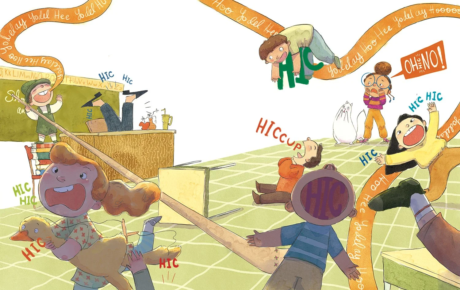 Children joyfully playing a game of hopscotch outdoors, with some slipping or falling on the ground, and one girl riding a duck toy. The scene is lively with flying speech bubbles and a whimsical atmosphere.