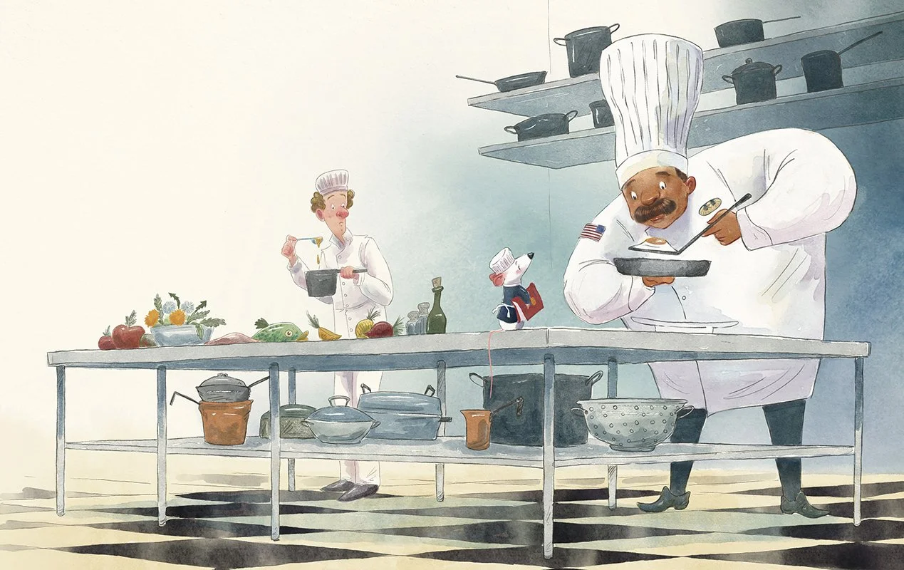 Cartoon of two chefs, in a kitchen with various cooking pots and ingredients on a table.