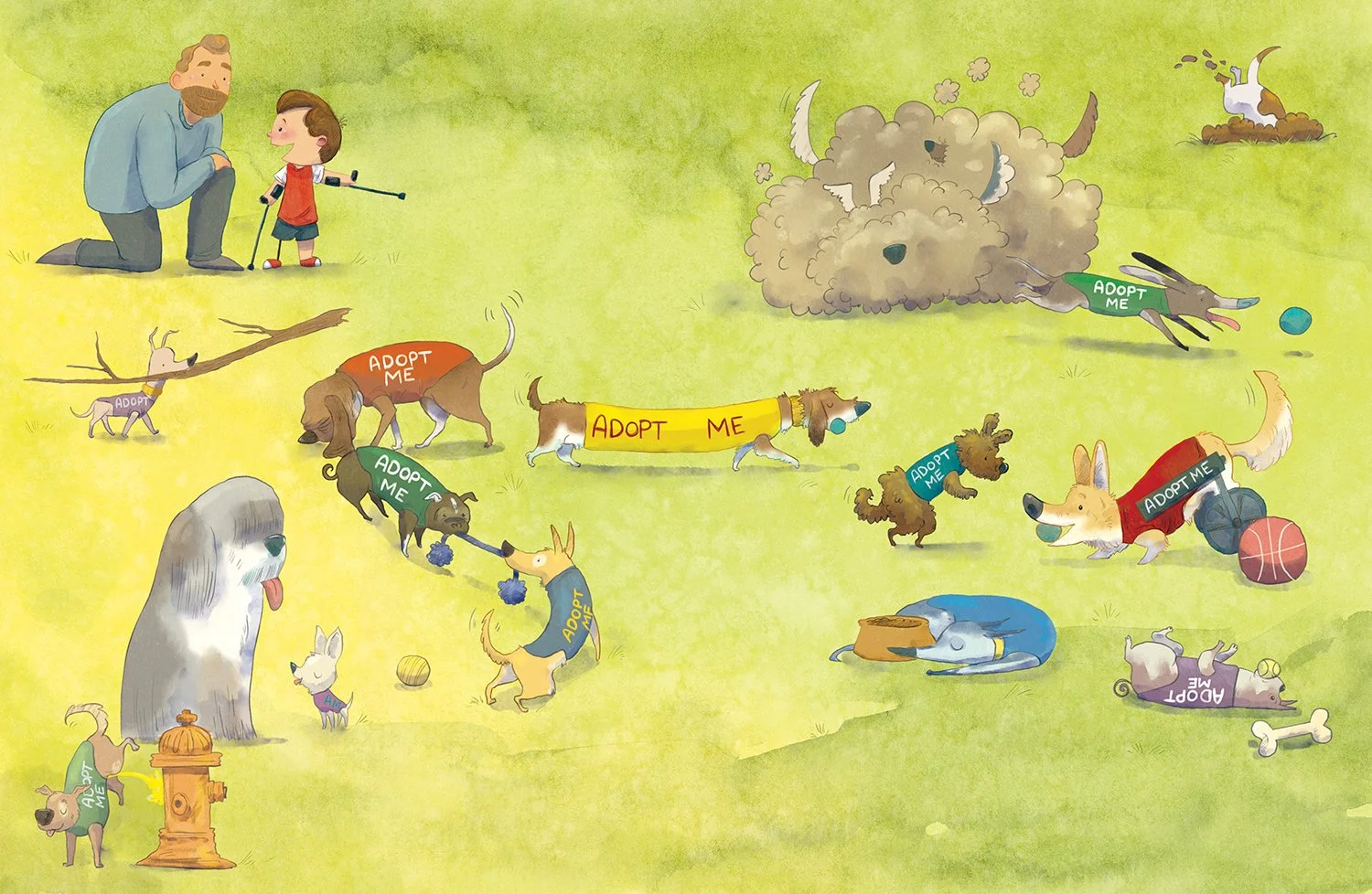 A colorful illustration of dogs and cats with signs that read "Adopt Me," playing and resting in a grassy park. A boy and a man are talking in the background.