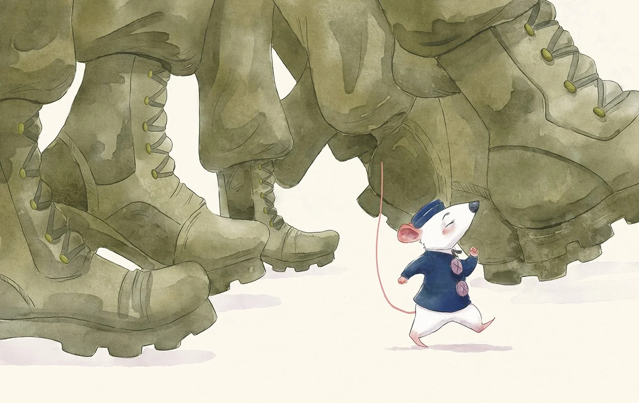 Illustration of  a white rat walking between large army boots, wearing a blue hat and coat. Maggie the Military Rat.
