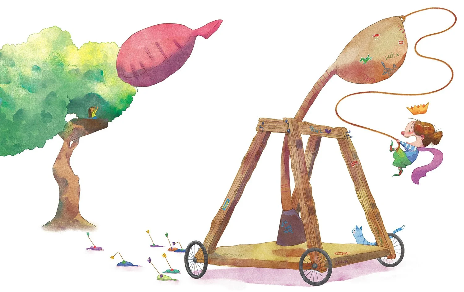 Giant Whoopee Cushion is thrown from a catapult. 