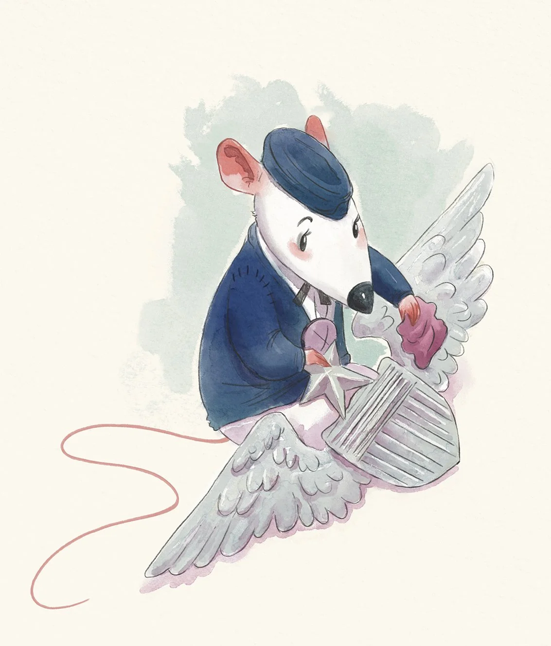 A cartoon rat dressed as a pilot. The rat is wearing a blue uniform and hat, holding a star and wing badge, with a calm expression.