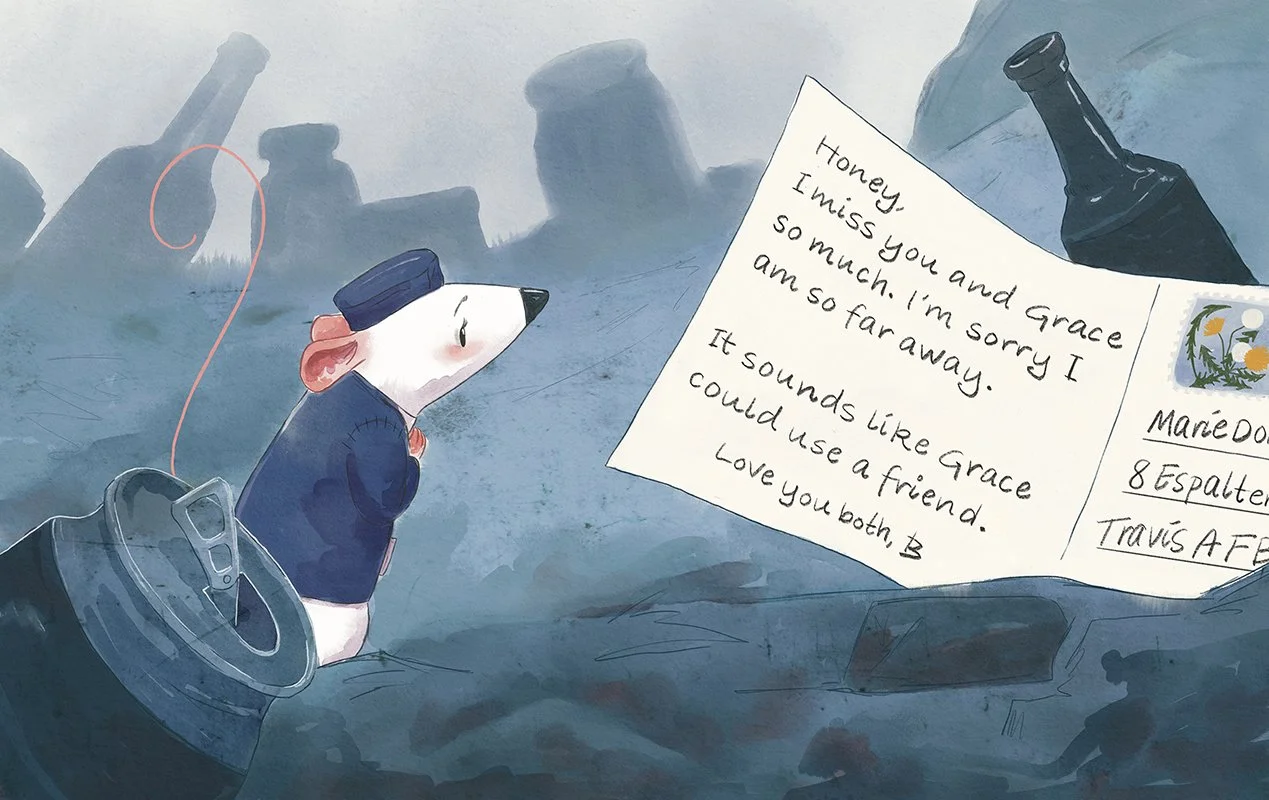 A drawing of a mouse dressed as a soldier in a blue uniform and hat, standing among trash and debris, looking at a letter. The letter reads: 'Honey, I miss you and Grace, I miss you so much. I'm sorry I am so far away. It sounds like Grace could use 