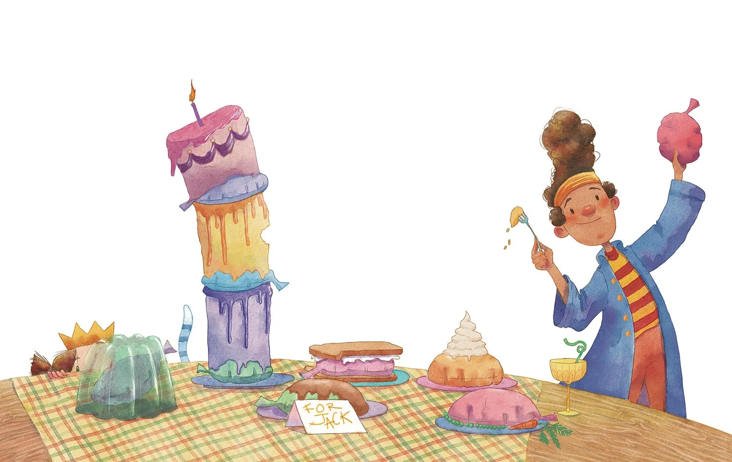 A young person celebrating a birthday with a tall, multi-layered birthday cake, ice cream, and desserts on a checkered tablecloth.