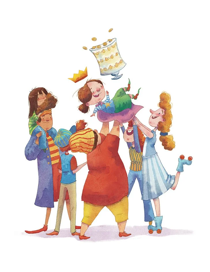 Children celebrating with a cake, one child is being lifted, others are clapping and enjoying the moment.