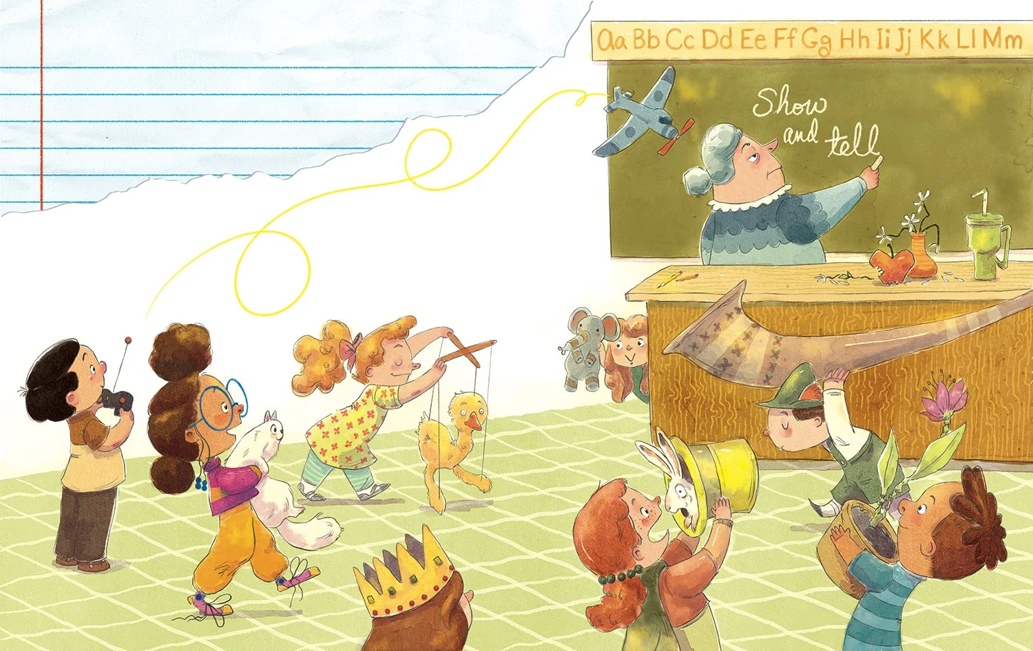 Illustration of children in a classroom watching a woman at a blackboard that says "Show and tell." Children are holding various objects like a rabbit, a rubber duck, a crown, a bucket, a vase, and a flower, with some animals and toys in the scene.