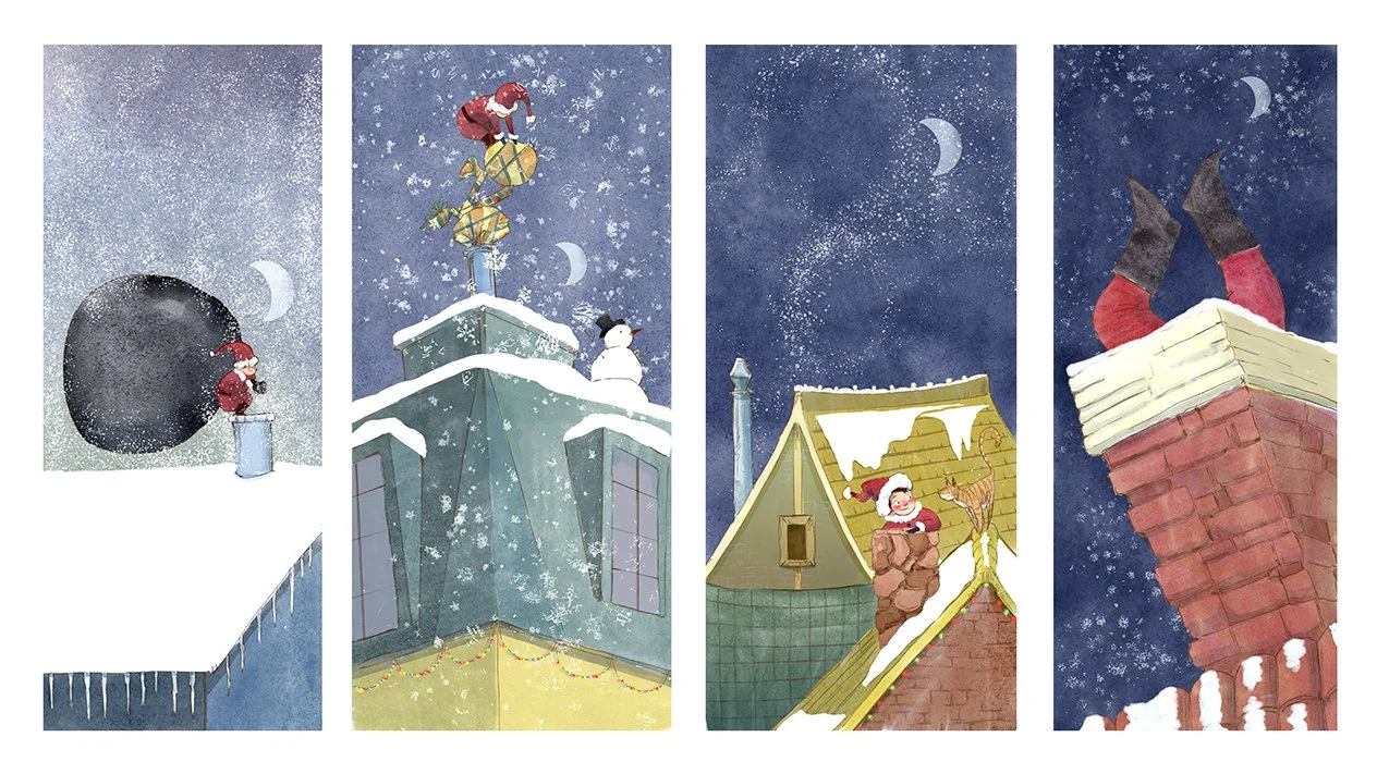 Four-panel cartoon illustration of children on rooftops during winter snow, with a full moon and starry sky in the background.