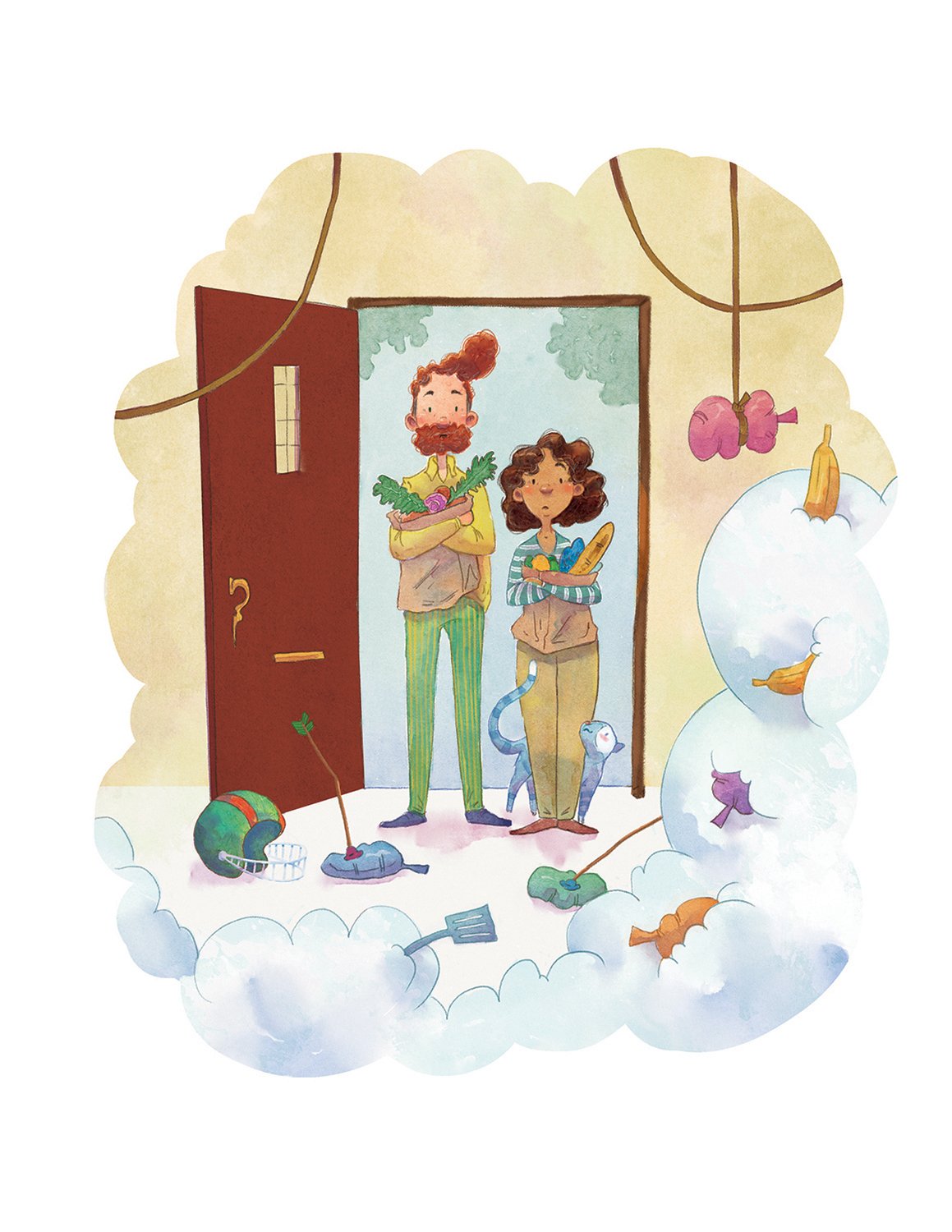 Two cartoon people, a man with a beard and a woman holding vegetables and a baguette, standing in doorway, surrounded by floating clouds with vegetables and kitchen utensils, and trash on the ground.