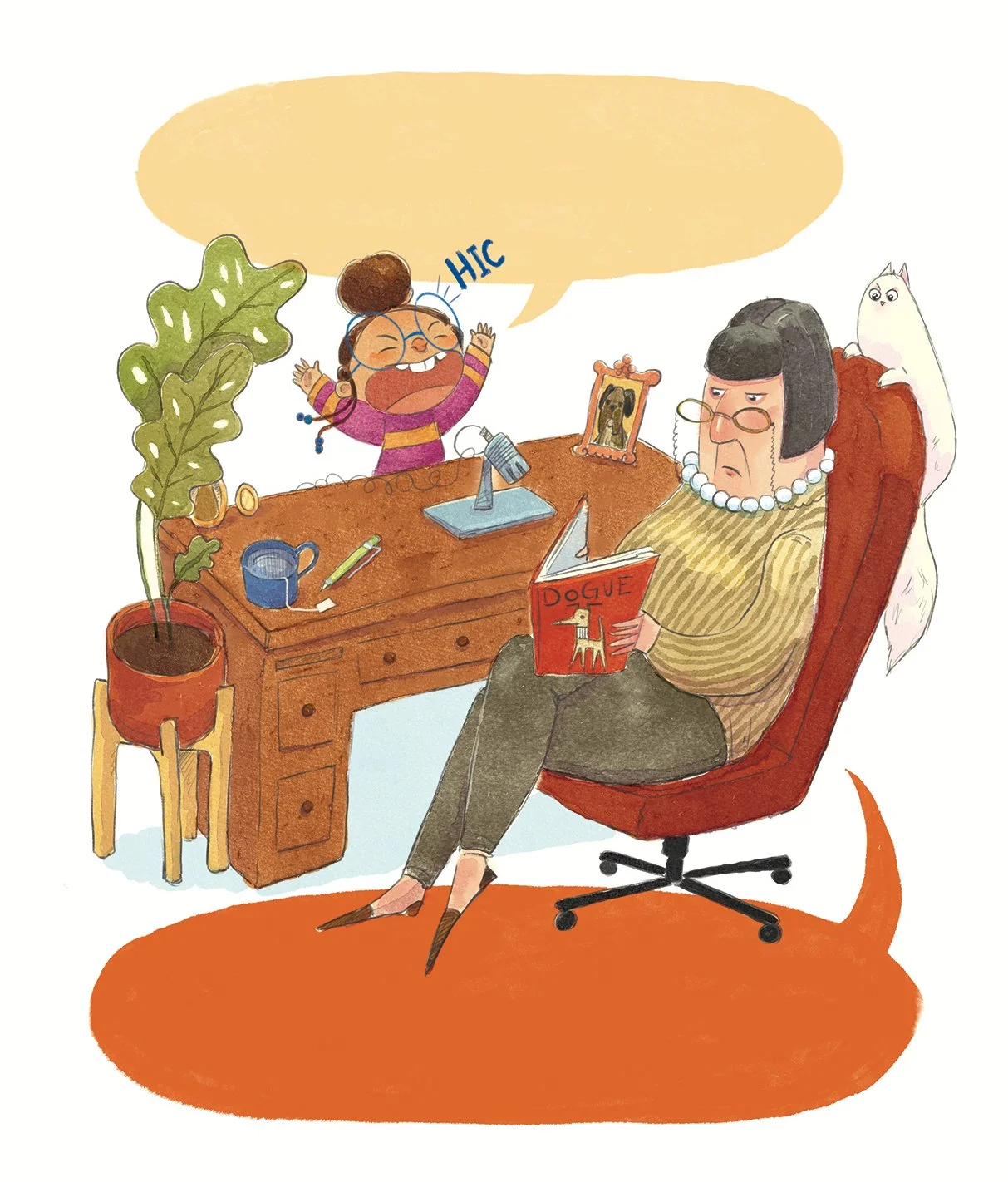 A woman with glasses sitting in an office chair reading a book titled 'Dogue' with a dog illustration on the cover. Behind her, a young girl with glasses and curly hair is excitedly saying 'HIC' with her eyes closed and arms raised. The office has a 