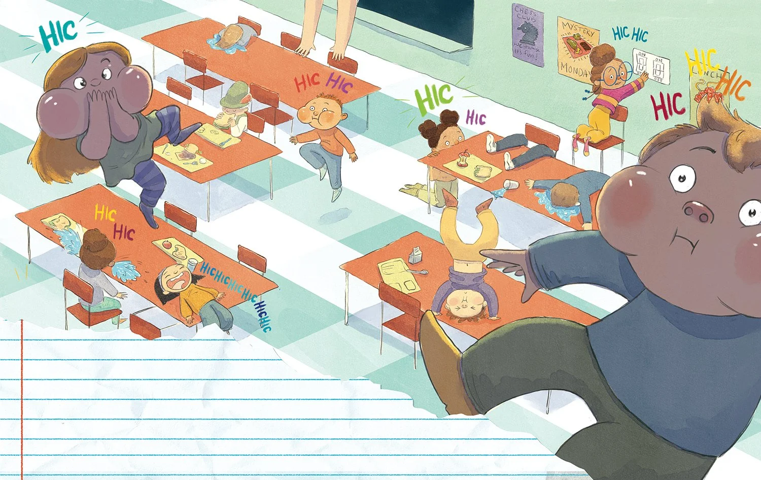 A lively classroom full of young children engaging in different activities, with two large kids in the foreground who are excited and pointing, and the children on the desks making 'HIC' sounds. The classroom has desks, chairs, and colorful posters o