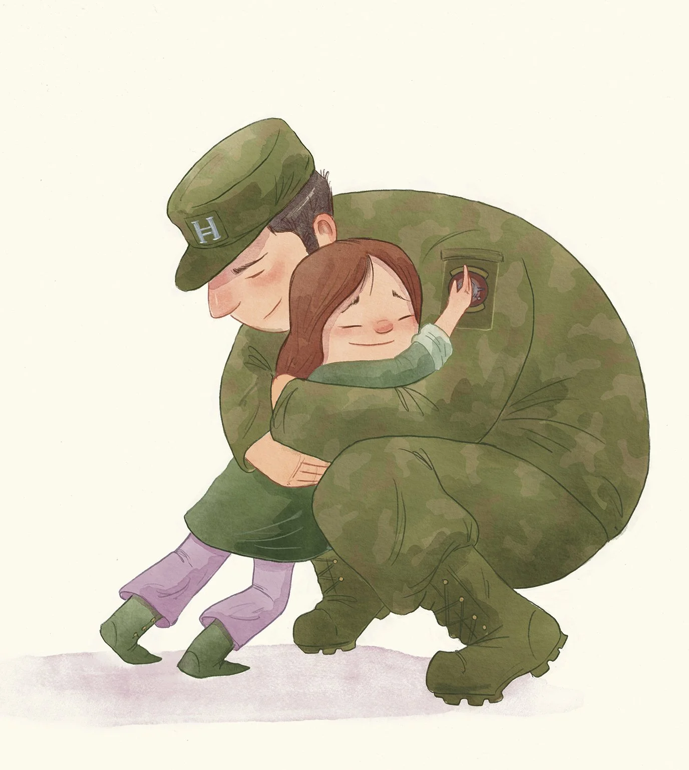 A soldier in uniform hugging a young girl, both smiling warmly.