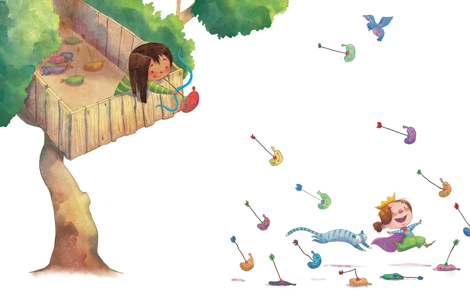 A young girl is sitting in a treehouse, looking down at a girl dressed as a princess with a crown, sitting on the ground surrounded by colorful scattered caterpillar-shaped balloons. The girl in the treehouse is holding a red balloon connected to a f