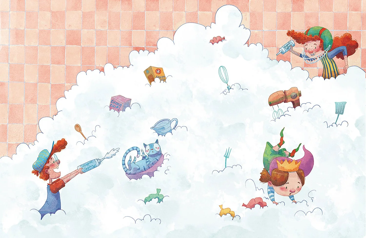 Illustration of children playing in a cloud-like foam with toys, including a cat, a syringe, a crown, and kitchen utensils, set against a pink tiled wall background.