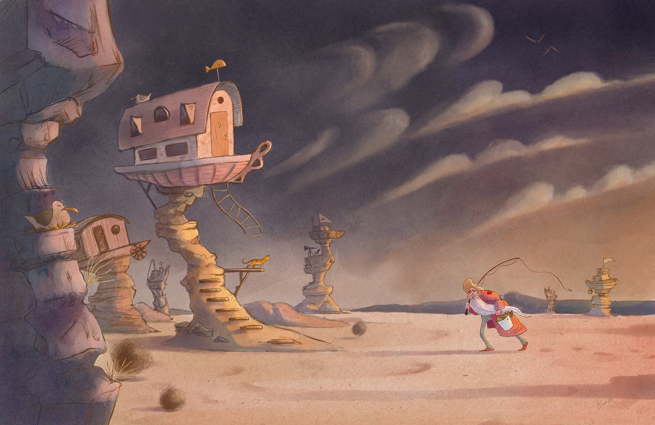 A fantasy desert scene featuring whimsical houses built into towering rock formations. The houses are made of pinkish materials, with stairs leading up to some of the entrances, and have rooftops with small flags or weather vanes. A person carrying a