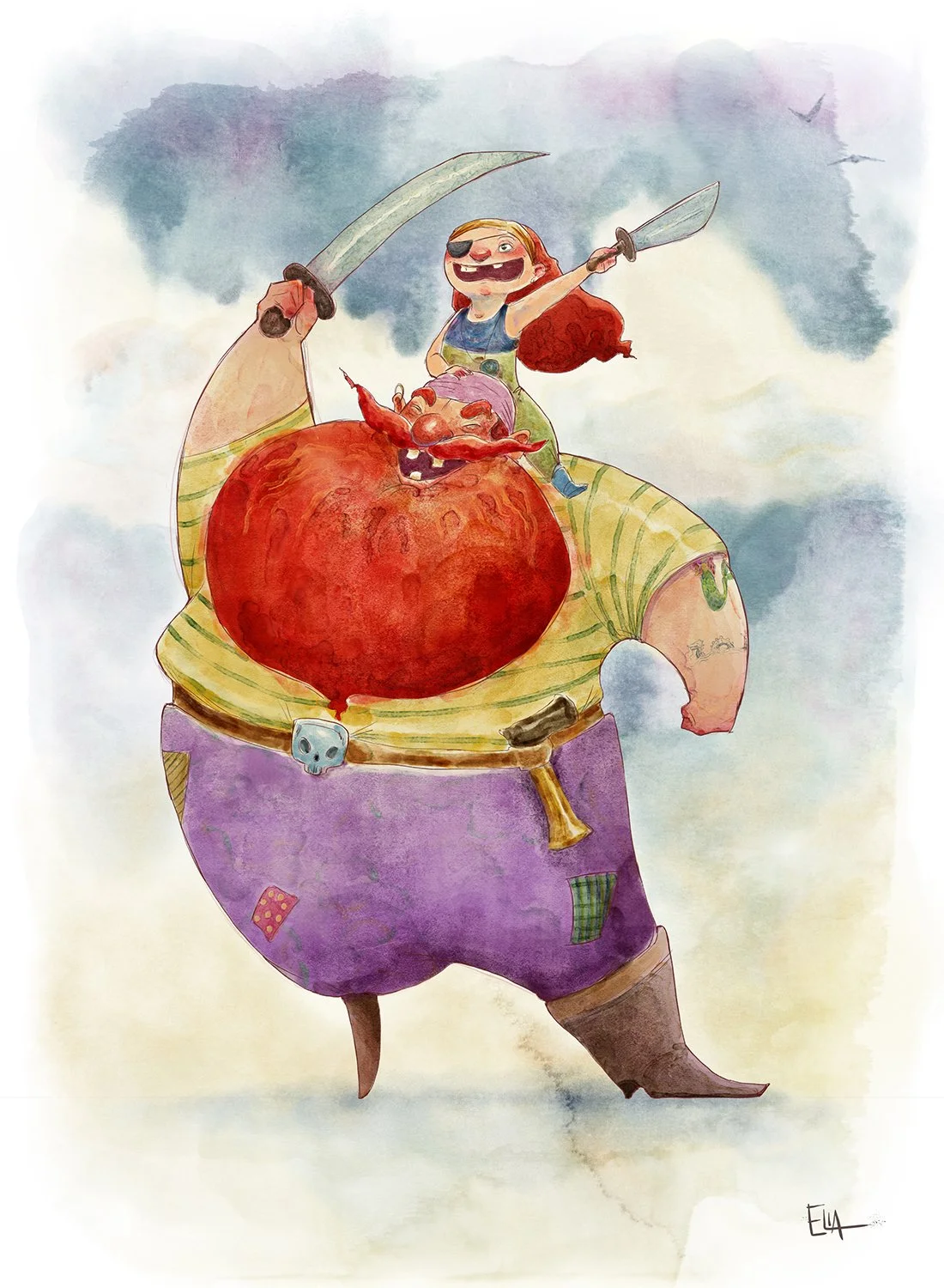 A whimsical illustration of a large, muscular pirate with a peg leg, purple patched shorts, and tattoos, holding a sword and a pistol. Sitting on his shoulders is a cheerful girl with red hair, an eye patch, holding a sword and a dagger. They are aga