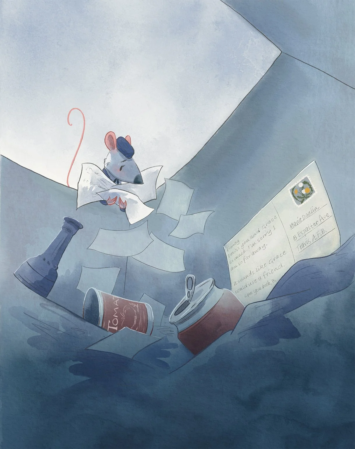 Illustration of a rat wearing a military hat, surrounded by scattered papers, an open soda can, a bottle, a letter, and a coffee cup, in a blue-toned environment.