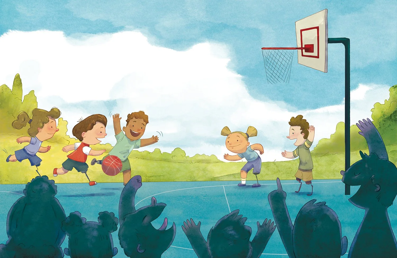 Children playing basketball outdoors with animals cheering on the sidelines.