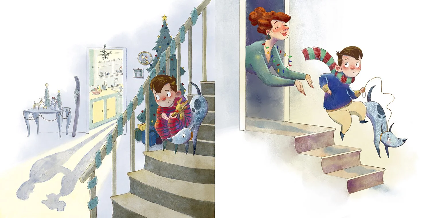 A young boy in pajamas sitting on the stair railing, holding a dog leash, looks hesitant. A woman, likely his mother, leaning through a doorway is smiling warmly as the boy jumps off the stairs with his dog.