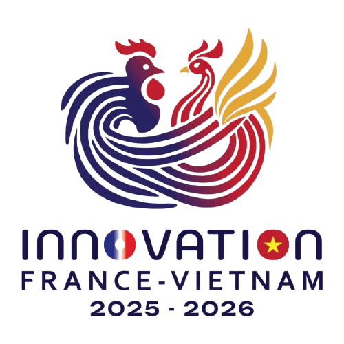 Logo de la compétition d'innovation 2025-2028 entre la France, le Vietnam et d'autres pays, avec des éléments graphiques représentant un coq stylisé et un feu ou flamme.