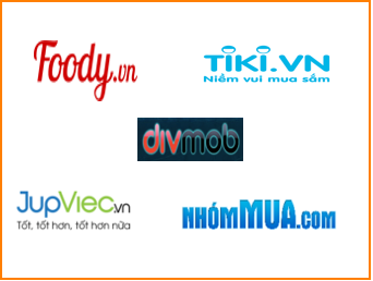 Logo de plusieurs sites de commerce en ligne : Foody.vn, Tiki.vn, DLMob, JupViec.vn, NhômMua.com.