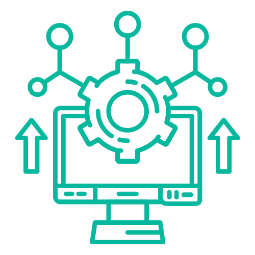 Outline of a computer monitor with a gear icon and interconnected nodes above it, representing technology or automation.