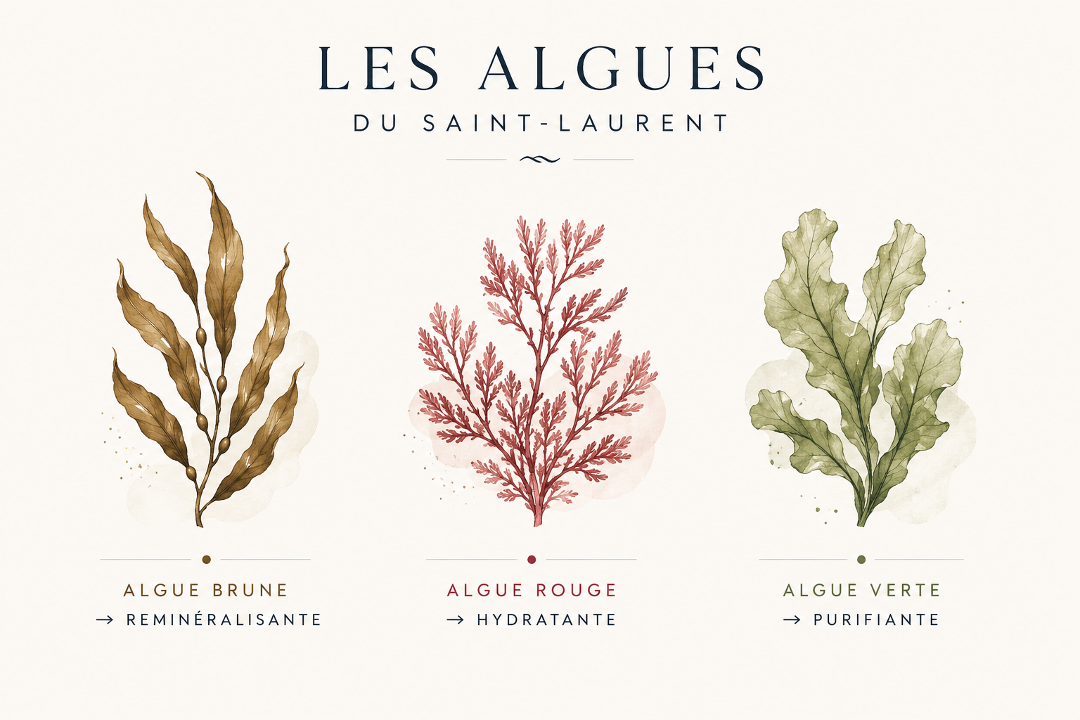 LES ALGUES DU SAINT-LAURENT les algues brunes pour reminéraliser , lse algues rouges pour hydrater et les algues vertes