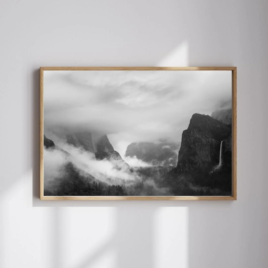 Frame mockup of a black and white photograph of Yosemite Valley