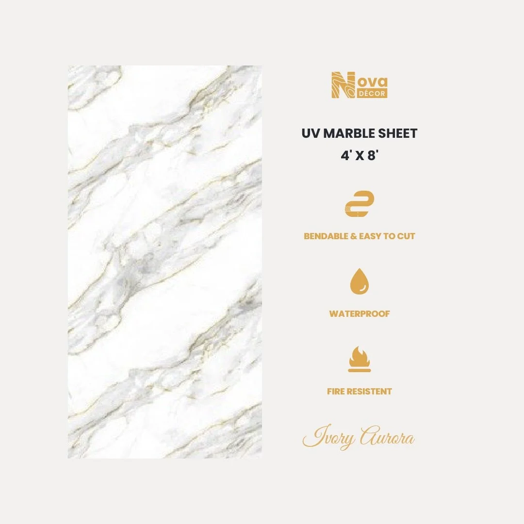 UV Marble Sheets, Ivory Aurora, 4 x 9 Feet